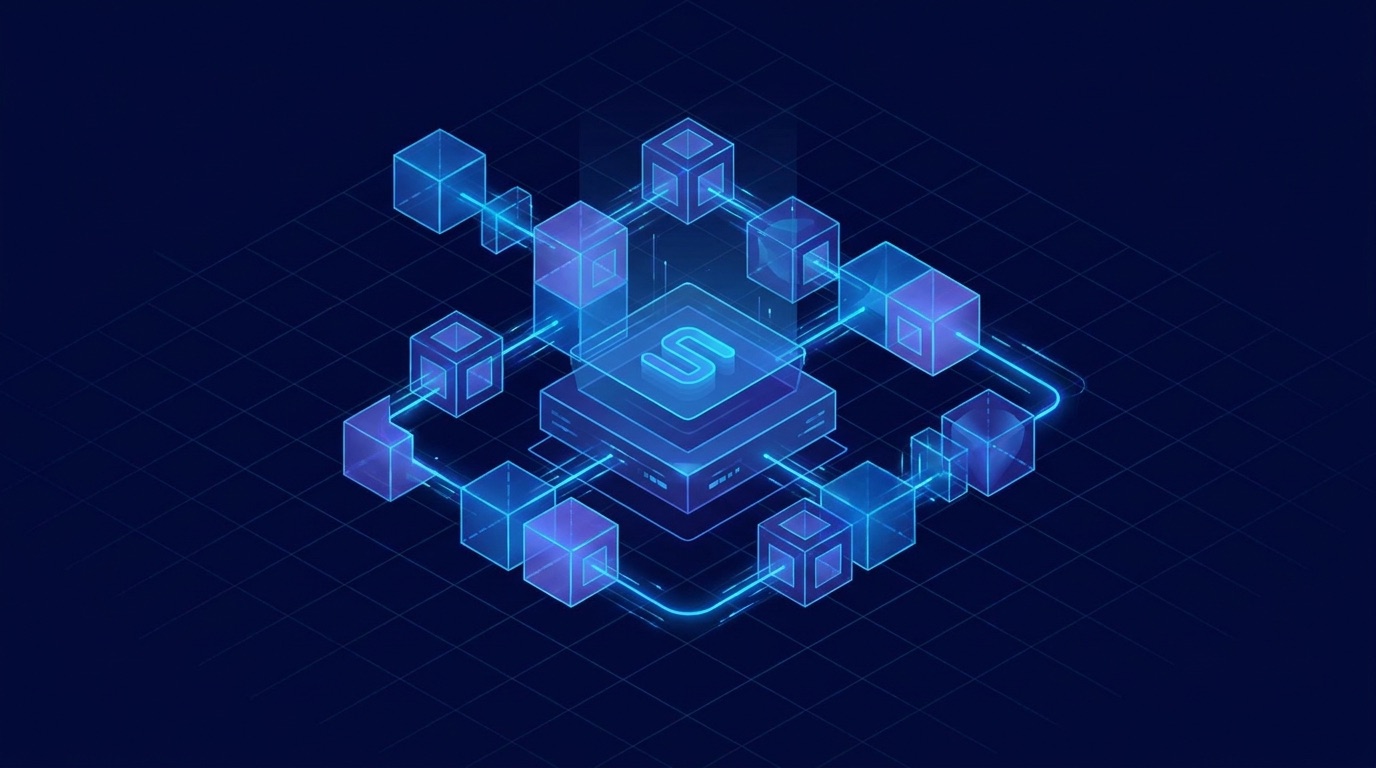 Isometric illustration of a SaaS product being assembled from modular glowing blocks